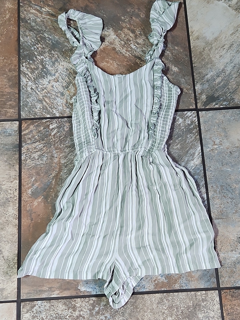 Patrons of Peace Sage Green and White Striped Ruffle Romper